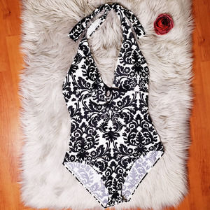 Tommy Bahama Black White Floral One Piece Swim Suit Size 12 Tie Around Neck